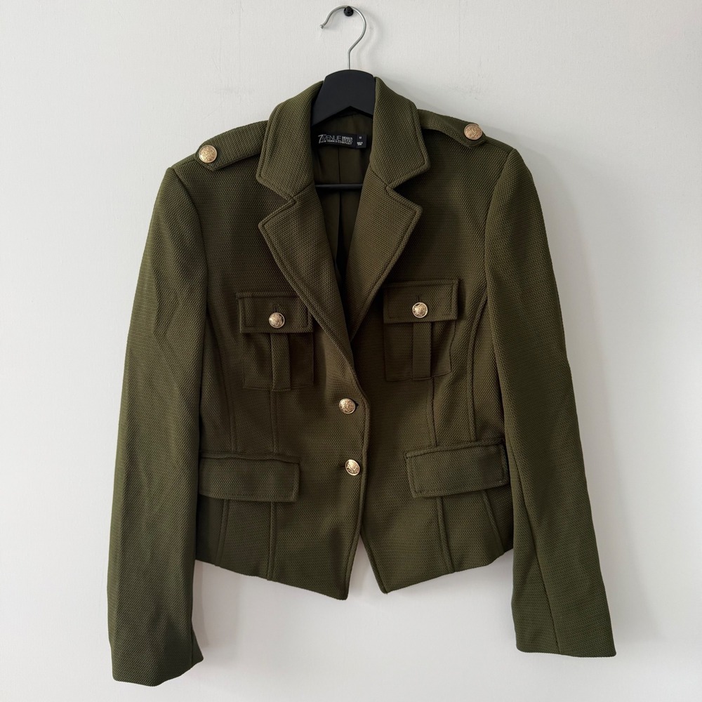 7th Avenue New York & Company Military Blazer Olive Green Gold Button Size 10